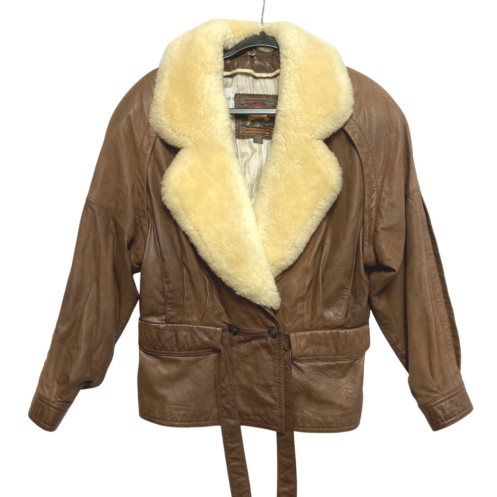 Adventure Bound Leather Jacket Womens M Brown Shearling Collar Aviator 2754